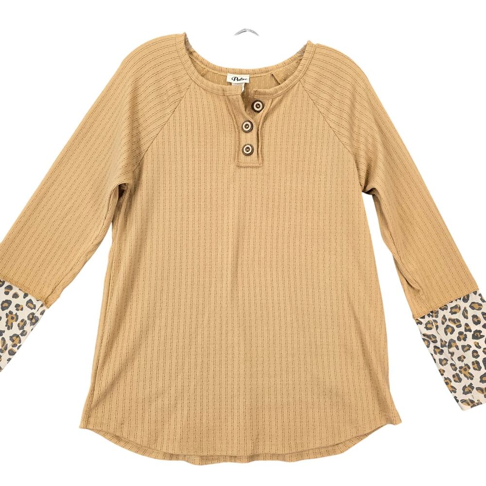 Pulse Brown Shirt Stretch Preppy Long Sleeves Classic Button Henley Women Size M